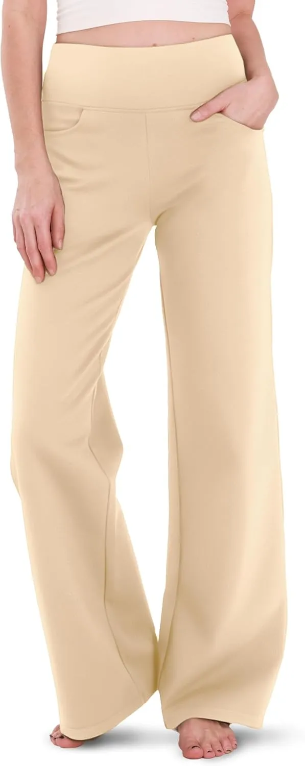 Houmous Wide Leg Pants Women Cotton Yoga Pants 28"/31"/34" High Waist Loose Lounge Stretch Trousers with Pockets