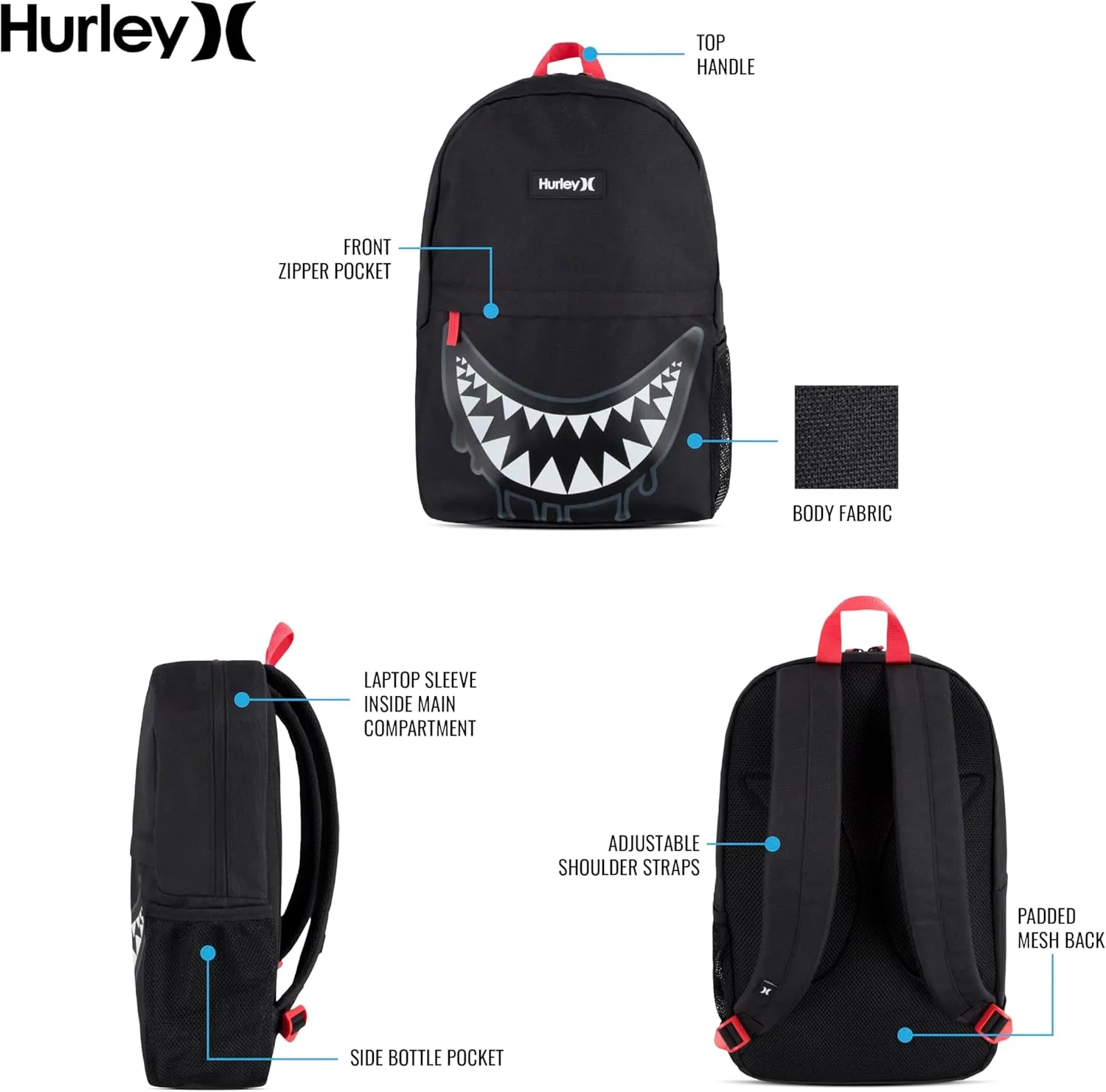 Hurley Unisex-Adults One and Only Backpack, Black Shark Bite, Large