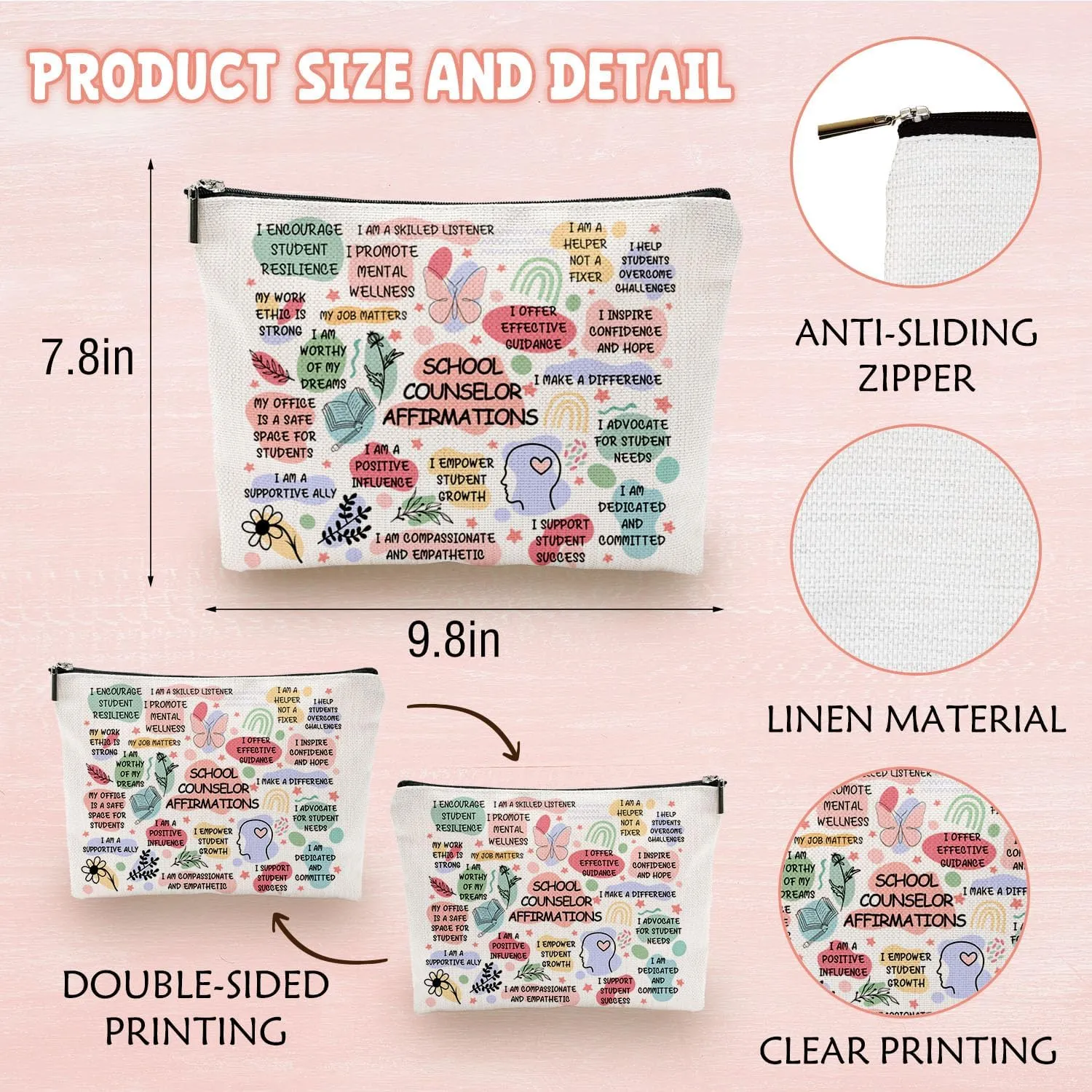 Inspirational Makeup Bag Zipper Pouch - Appreciation Gifts for School Counselor & Psychologist - Encouragement Gifts for Birthday