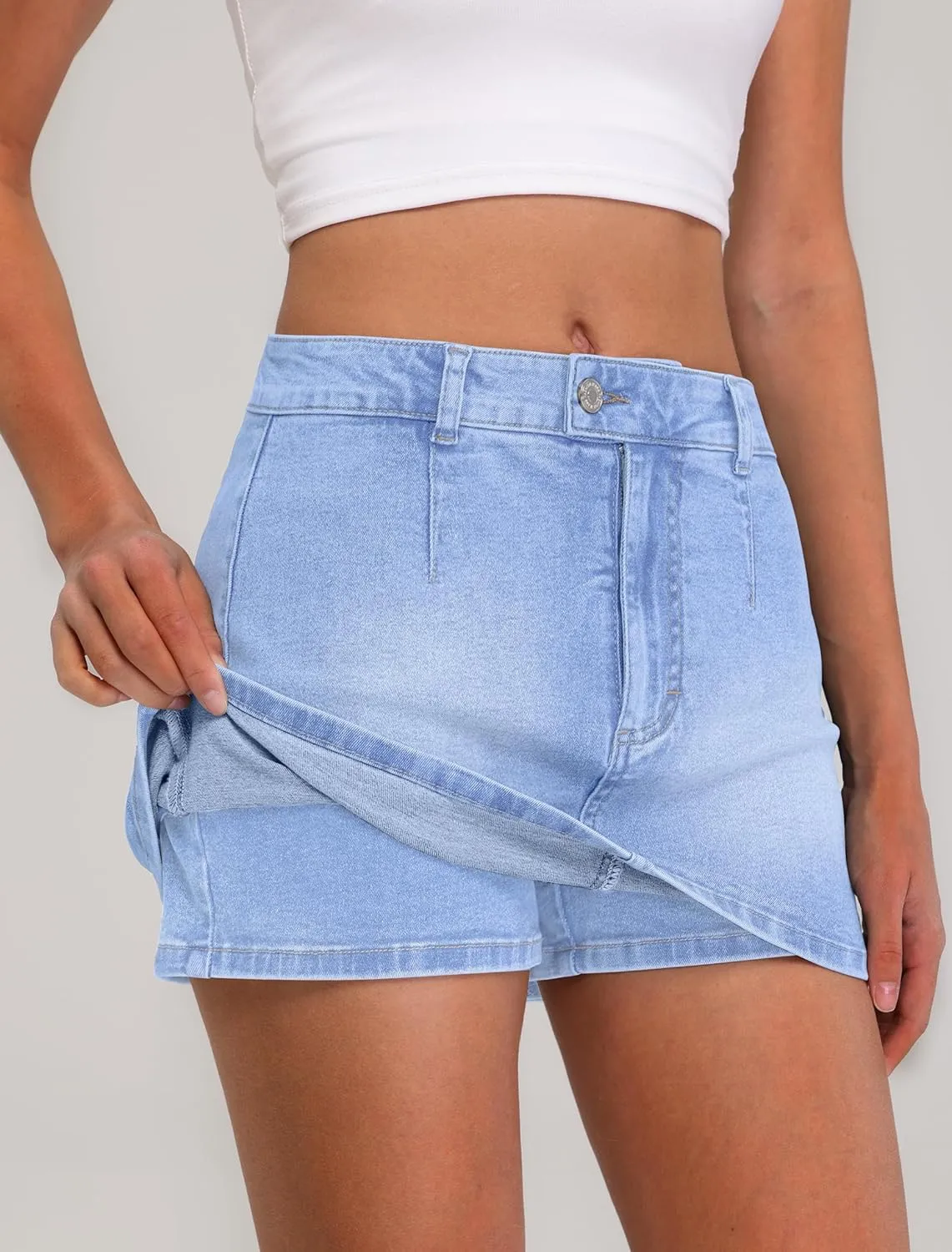 IWD Denim Mini Skirt for Women Low Waisted Jean Micro Skort with Shorts Stretch Casual Jean Skirt