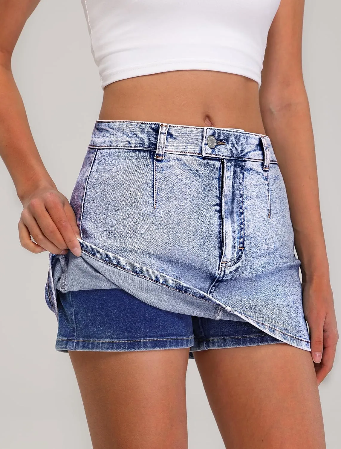IWD Denim Mini Skirt for Women Low Waisted Jean Micro Skort with Shorts Stretch Casual Jean Skirt
