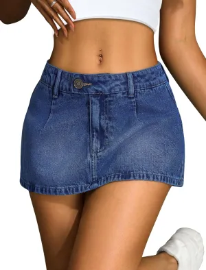 IWD Denim Mini Skirt for Women Low Waisted Jean Micro Skort with Shorts Stretch Casual Jean Skirt
