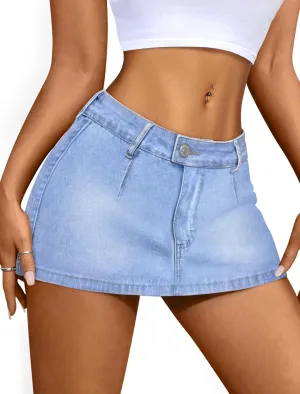 IWD Denim Mini Skirt for Women Low Waisted Jean Micro Skort with Shorts Stretch Casual Jean Skirt
