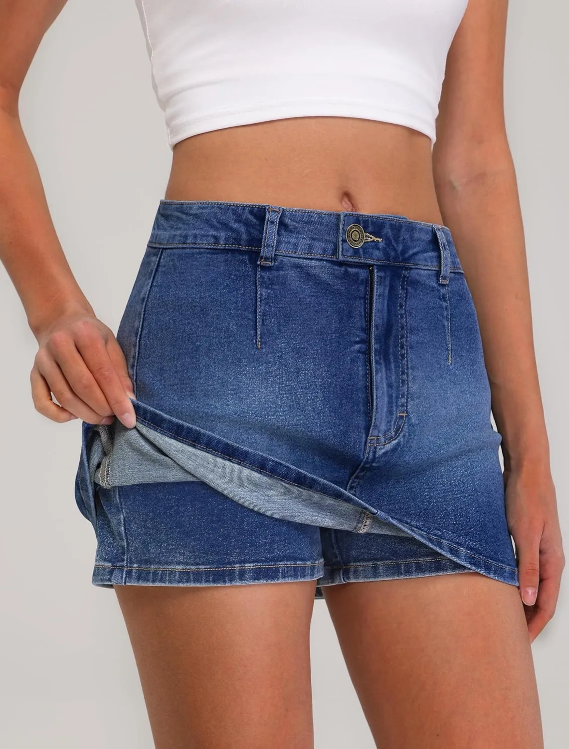IWD Denim Mini Skirt for Women Low Waisted Jean Micro Skort with Shorts Stretch Casual Jean Skirt