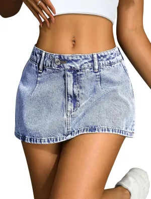 IWD Denim Mini Skirt for Women Low Waisted Jean Micro Skort with Shorts Stretch Casual Jean Skirt