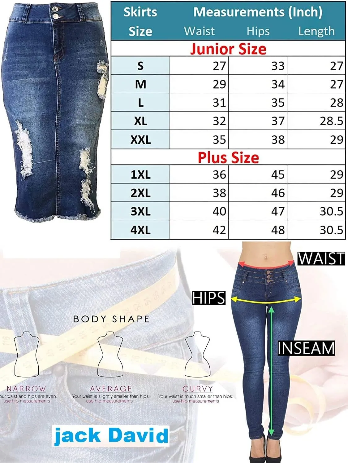 Jack David Women's Plus Size Blue Wash Soft Curvy Stretch Denim Jeans Skirt 1X 2X 3X