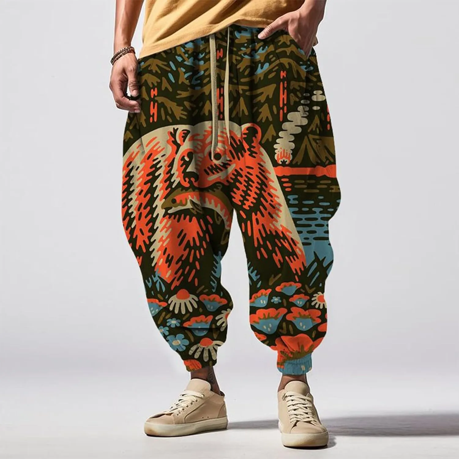 Japanese Pants Men Casual Baggy Anime Print Joggers Sweatpants Elastic Drawstring Tapered Boho Hippie Harem Pants