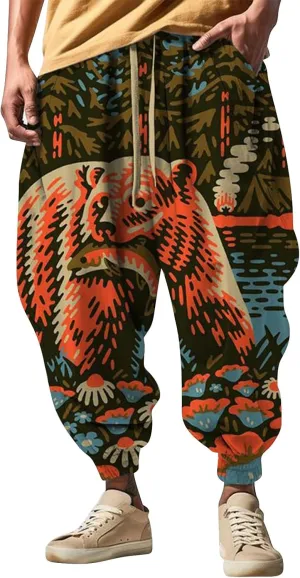 Japanese Pants Men Casual Baggy Anime Print Joggers Sweatpants Elastic Drawstring Tapered Boho Hippie Harem Pants