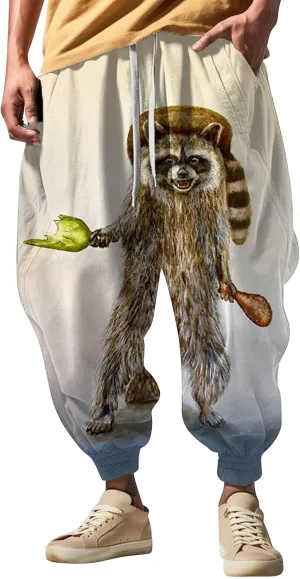 Japanese Pants Men Casual Baggy Anime Print Joggers Sweatpants Elastic Drawstring Tapered Boho Hippie Harem Pants