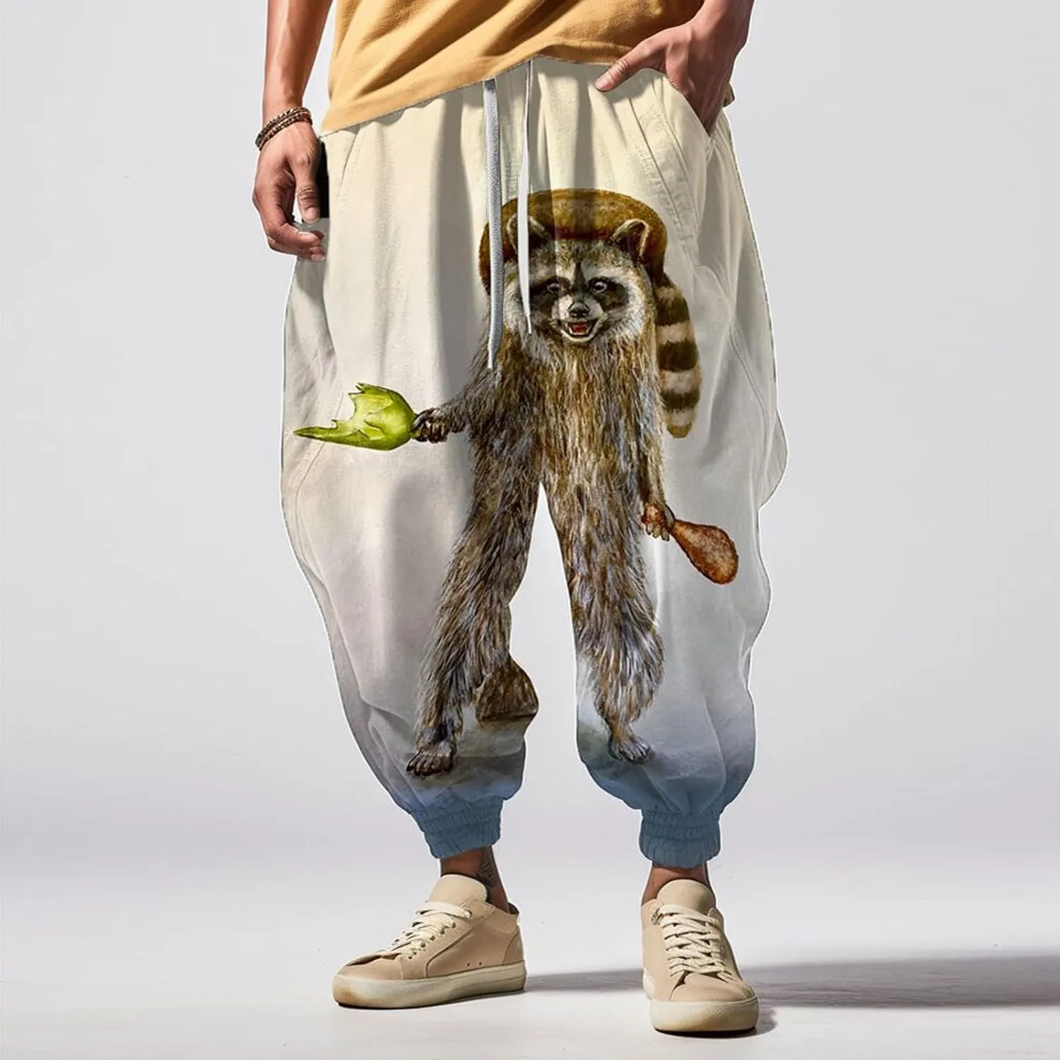 Japanese Pants Men Casual Baggy Anime Print Joggers Sweatpants Elastic Drawstring Tapered Boho Hippie Harem Pants