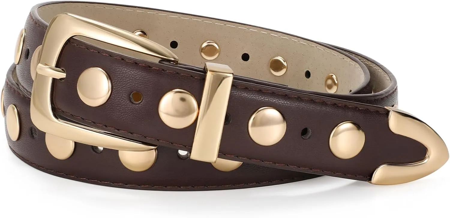 JASGOOD Women Leather Belt Fashion Studded Belt Ladies Punk Belt Vintage Leather Belt for Jeans Dress