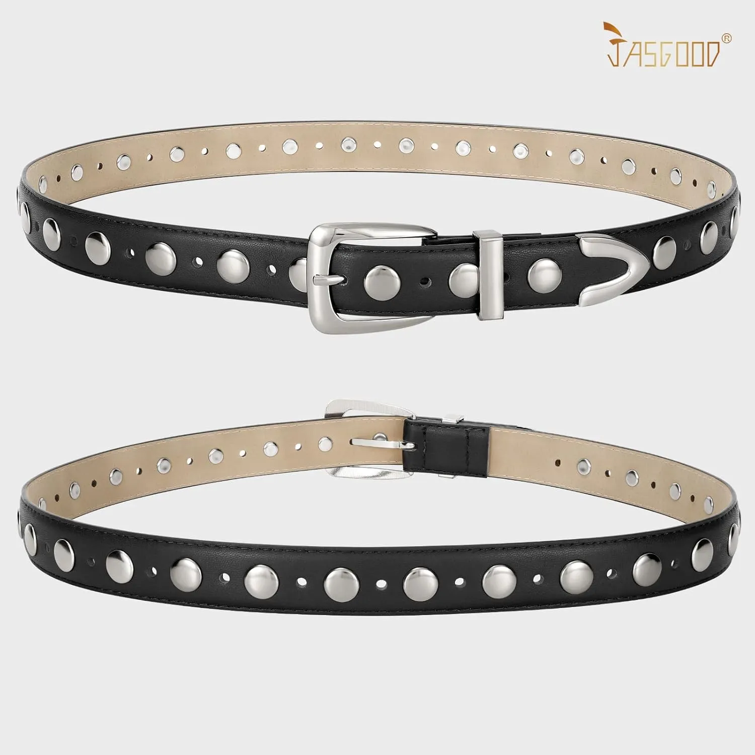 JASGOOD Women Leather Belt Fashion Studded Belt Ladies Punk Belt Vintage Leather Belt for Jeans Dress