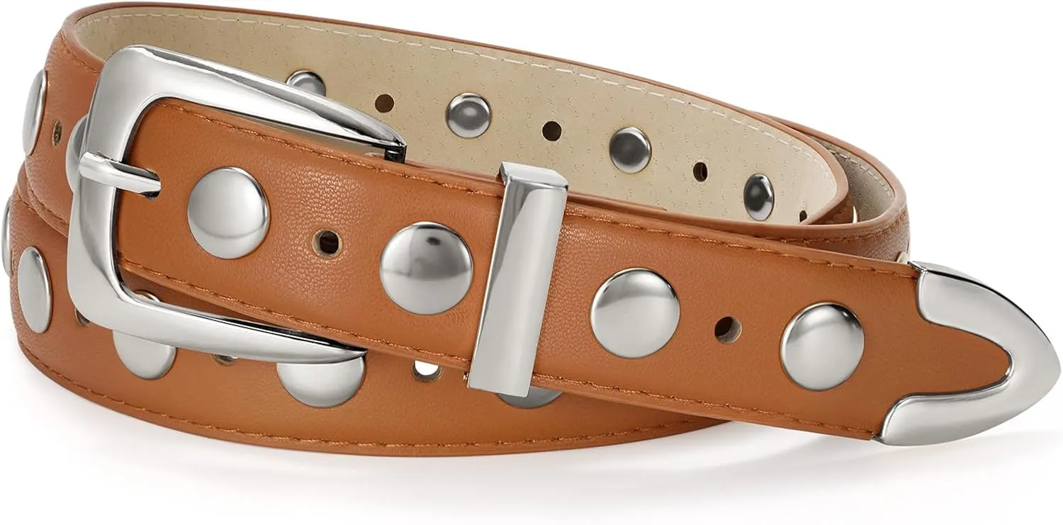 JASGOOD Women Leather Belt Fashion Studded Belt Ladies Punk Belt Vintage Leather Belt for Jeans Dress