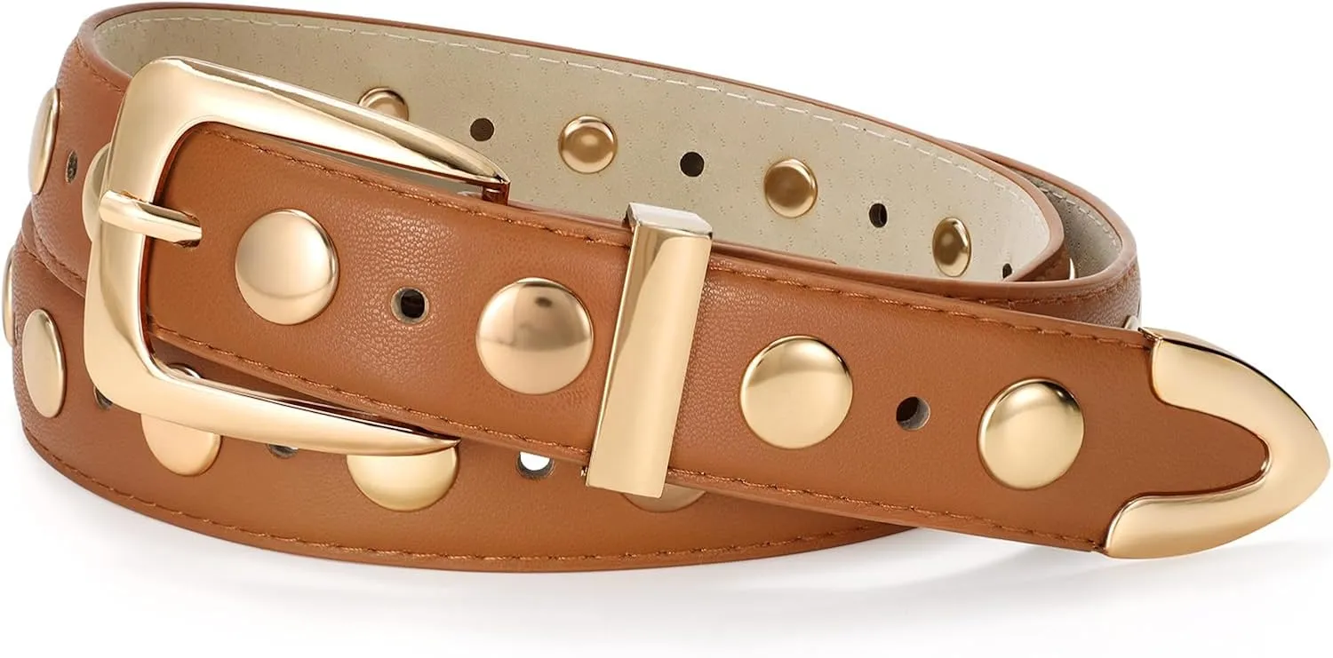 JASGOOD Women Leather Belt Fashion Studded Belt Ladies Punk Belt Vintage Leather Belt for Jeans Dress