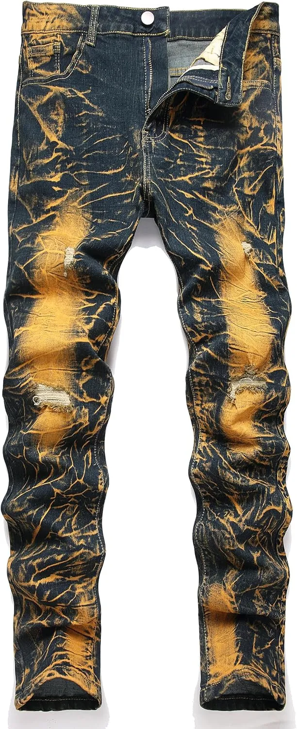 JE&NS Men's Ripped Jeans, Slim Fit Straight Leg, Denim Jeans Pants for Men