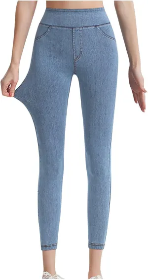 Jean Leggings Jeggings for Women Elastic High Waist Slim Fit Tummy Control Skinny Stretchy Imitation Denim Pants