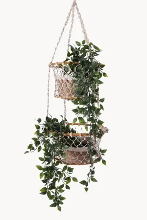Jhuri Double Hanging Wood and Braided Jute Baskets