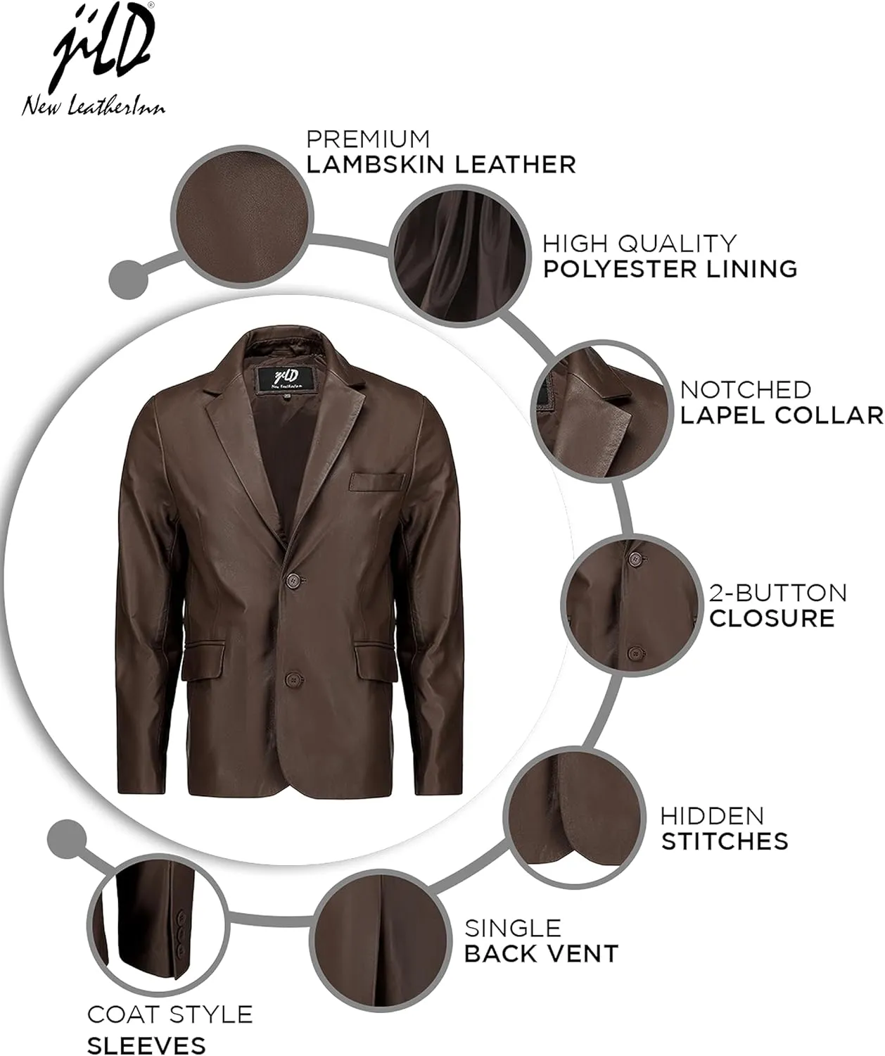 Jild Invisible Stitching Casual Leather Blazer for Men - 2-Button Closure Coat Style Regular Fit Lambskin Leather Jacket Men