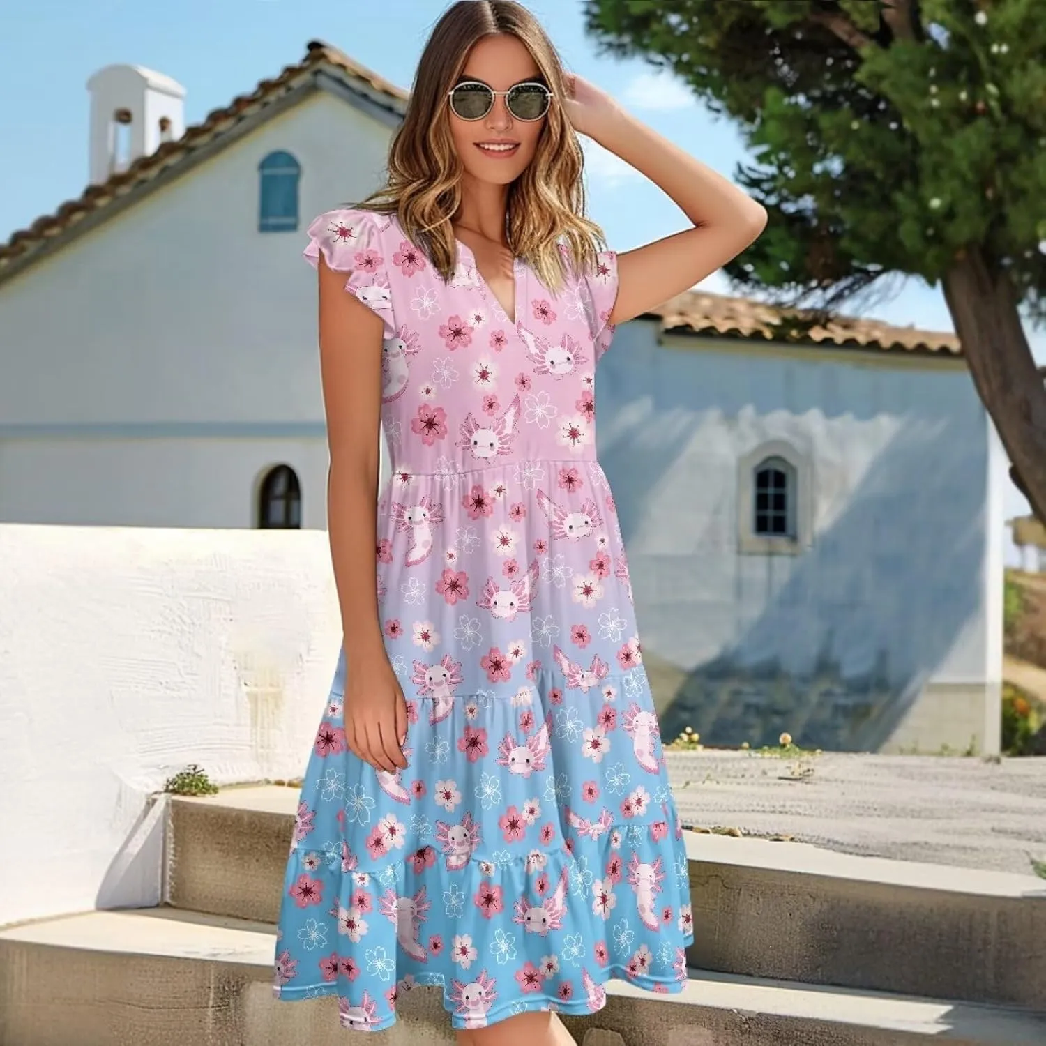 Jndtueit Cute Animal Women's Casual Dresses Tiered Dress Summer Dresses Ruffle Sleeve V Neck Flowy Sundress with Pockets