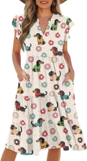 Jndtueit Cute Animal Women's Casual Dresses Tiered Dress Summer Dresses Ruffle Sleeve V Neck Flowy Sundress with Pockets