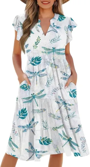 Jndtueit Cute Animal Women's Casual Dresses Tiered Dress Summer Dresses Ruffle Sleeve V Neck Flowy Sundress with Pockets
