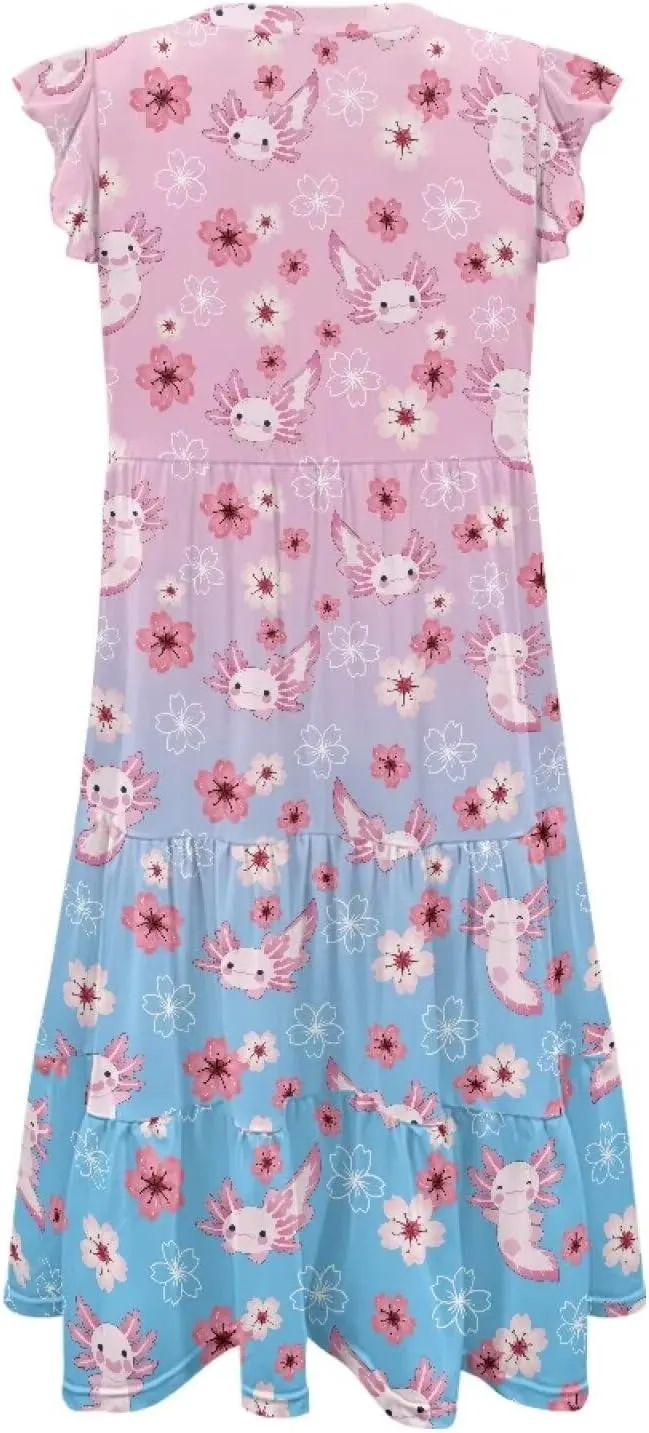 Jndtueit Cute Animal Women's Casual Dresses Tiered Dress Summer Dresses Ruffle Sleeve V Neck Flowy Sundress with Pockets