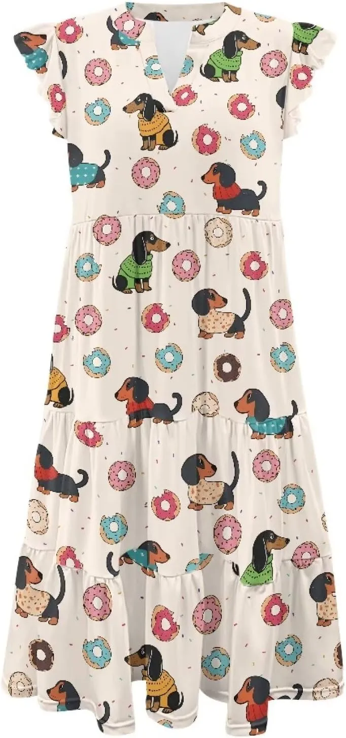 Jndtueit Cute Animal Women's Casual Dresses Tiered Dress Summer Dresses Ruffle Sleeve V Neck Flowy Sundress with Pockets