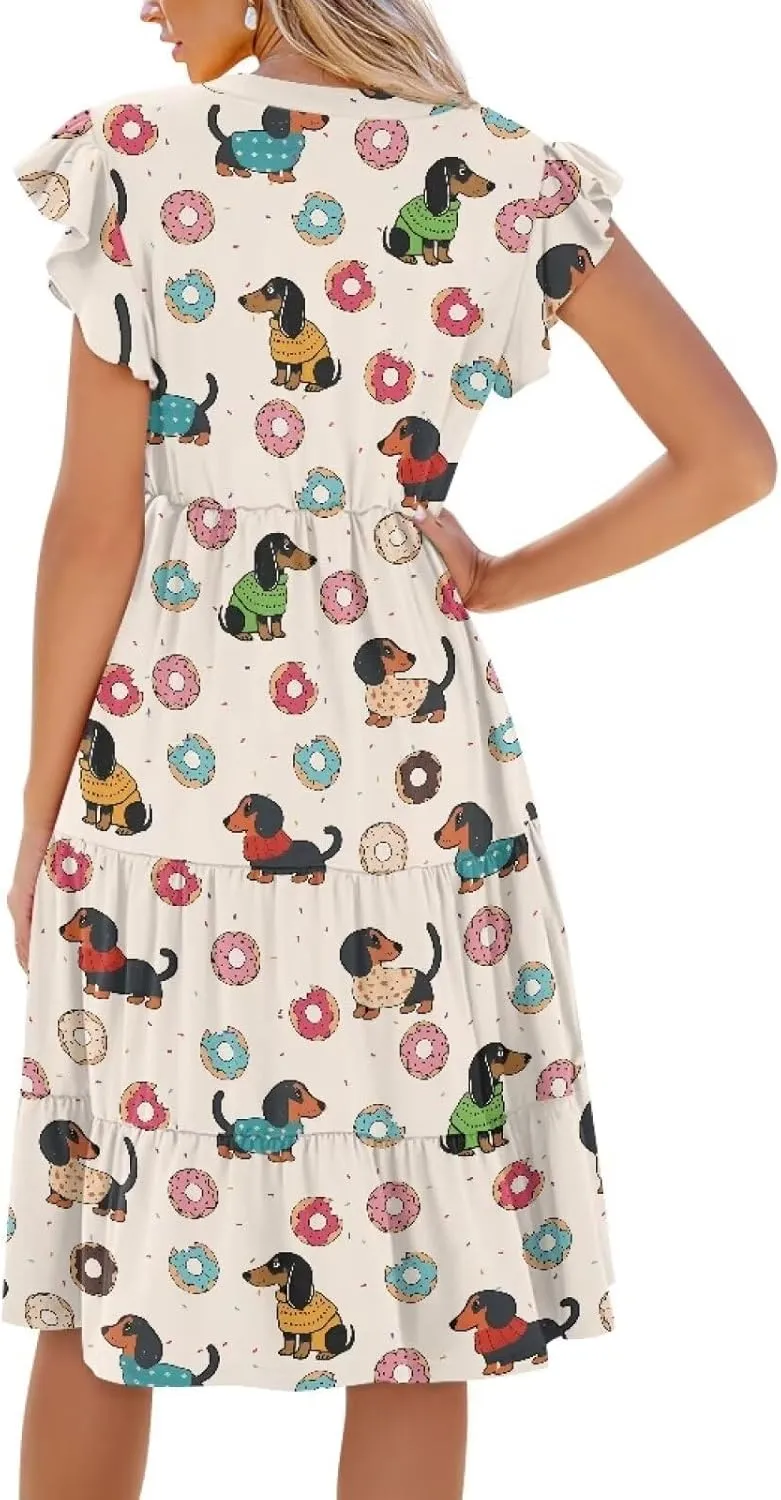 Jndtueit Cute Animal Women's Casual Dresses Tiered Dress Summer Dresses Ruffle Sleeve V Neck Flowy Sundress with Pockets