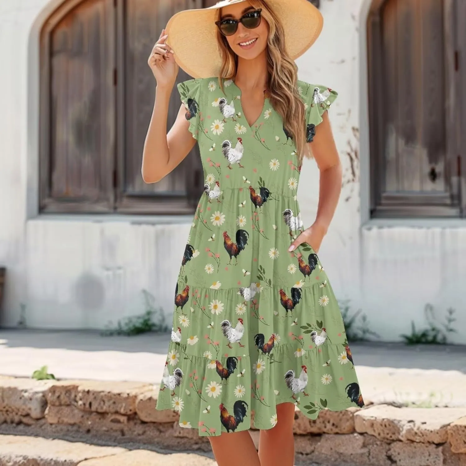 Jndtueit Cute Animal Women's Casual Dresses Tiered Dress Summer Dresses Ruffle Sleeve V Neck Flowy Sundress with Pockets
