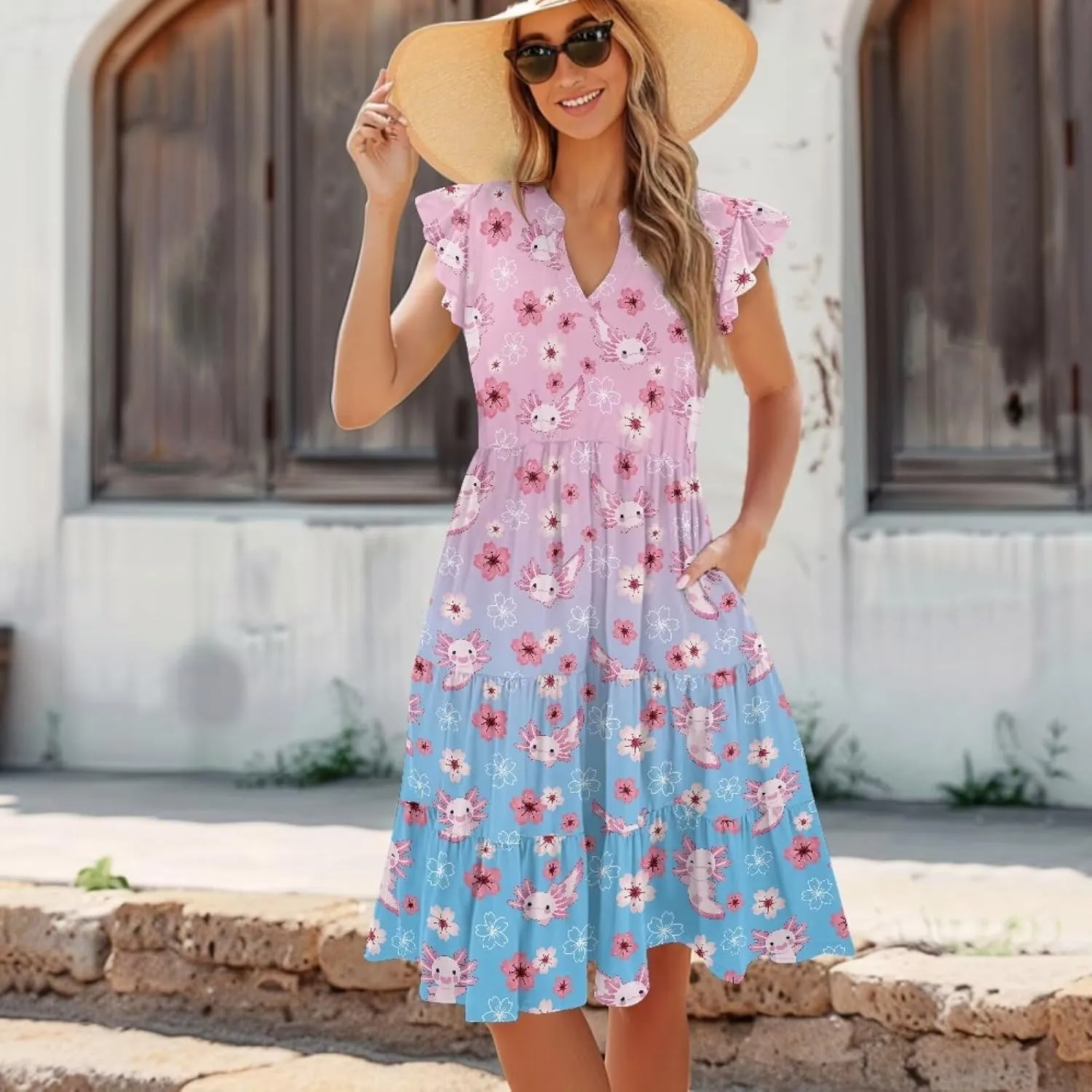Jndtueit Cute Animal Women's Casual Dresses Tiered Dress Summer Dresses Ruffle Sleeve V Neck Flowy Sundress with Pockets