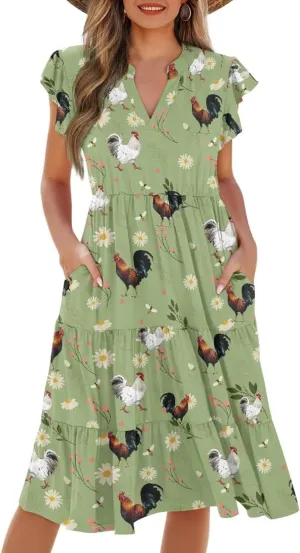 Jndtueit Cute Animal Women's Casual Dresses Tiered Dress Summer Dresses Ruffle Sleeve V Neck Flowy Sundress with Pockets