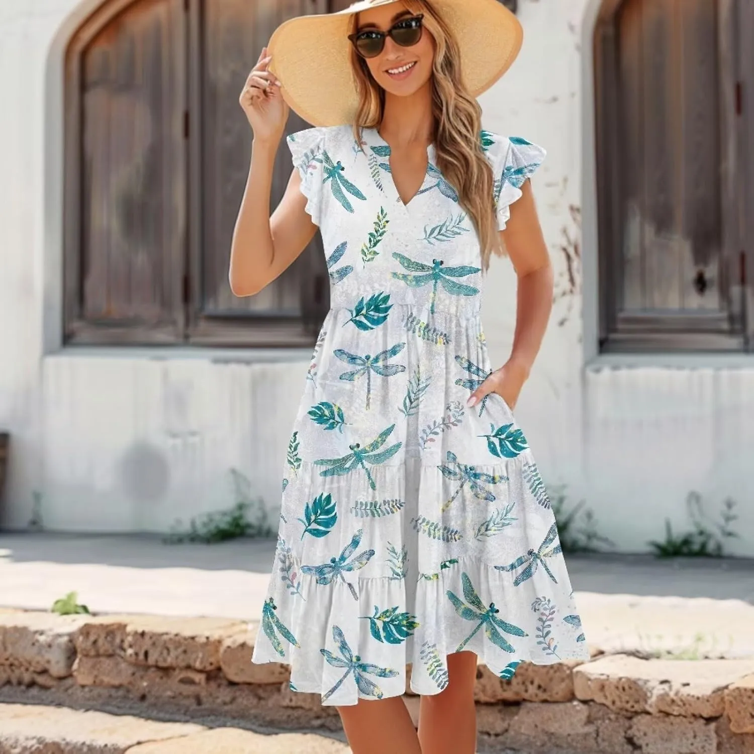 Jndtueit Cute Animal Women's Casual Dresses Tiered Dress Summer Dresses Ruffle Sleeve V Neck Flowy Sundress with Pockets
