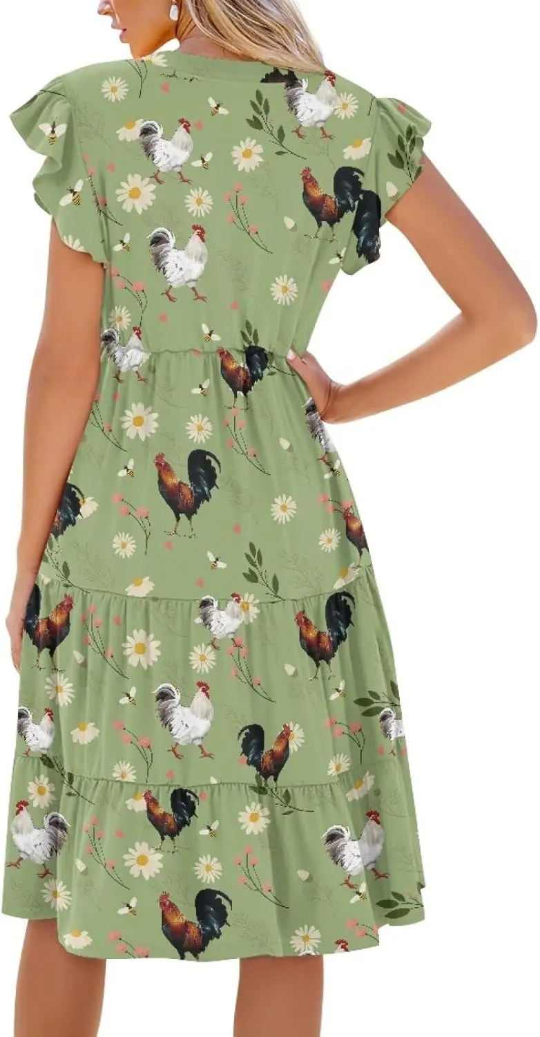 Jndtueit Cute Animal Women's Casual Dresses Tiered Dress Summer Dresses Ruffle Sleeve V Neck Flowy Sundress with Pockets