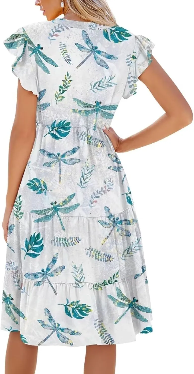 Jndtueit Cute Animal Women's Casual Dresses Tiered Dress Summer Dresses Ruffle Sleeve V Neck Flowy Sundress with Pockets
