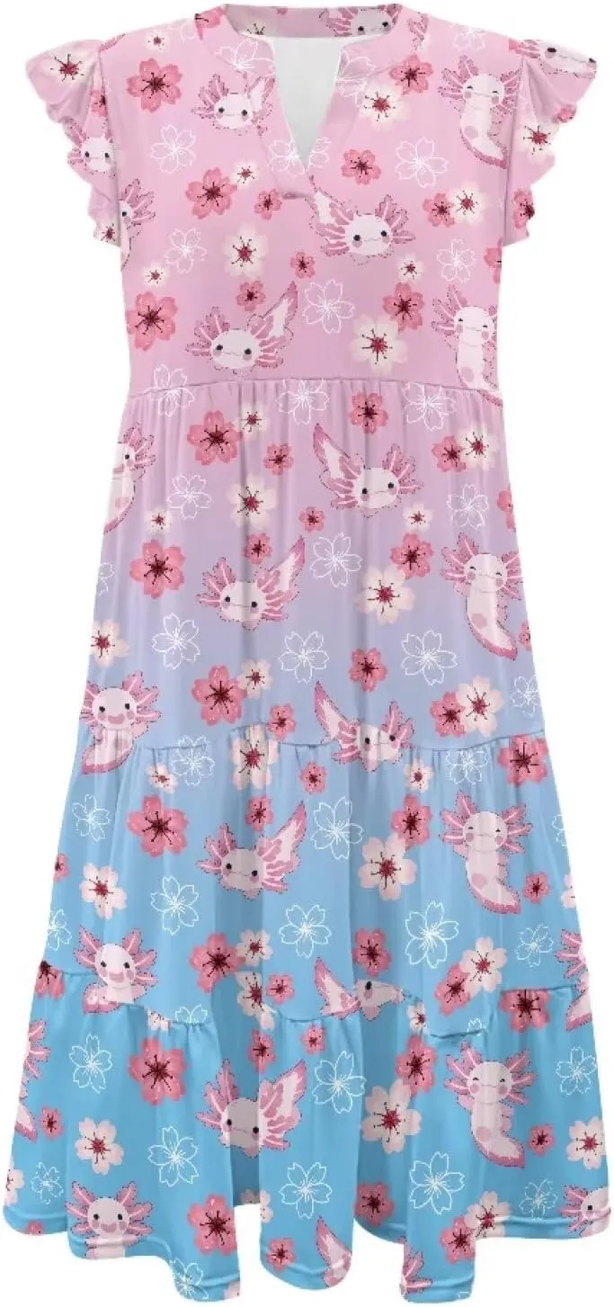Jndtueit Cute Animal Women's Casual Dresses Tiered Dress Summer Dresses Ruffle Sleeve V Neck Flowy Sundress with Pockets