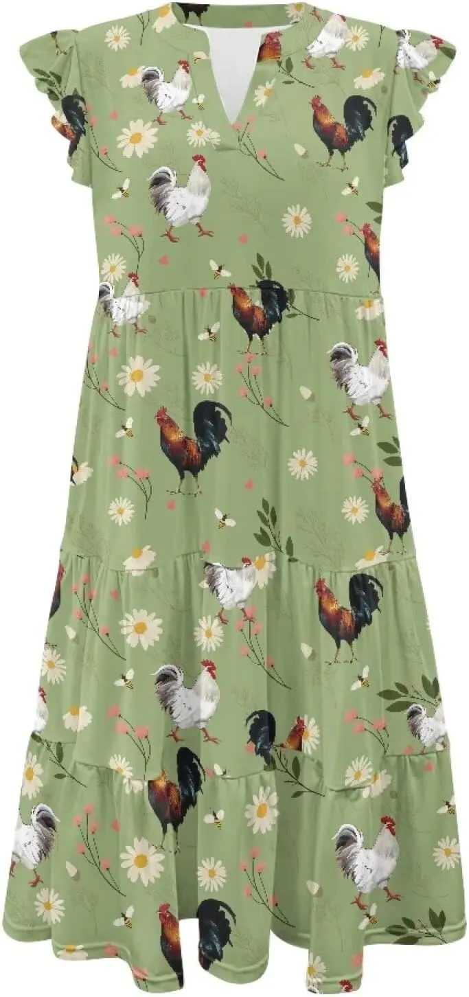 Jndtueit Cute Animal Women's Casual Dresses Tiered Dress Summer Dresses Ruffle Sleeve V Neck Flowy Sundress with Pockets