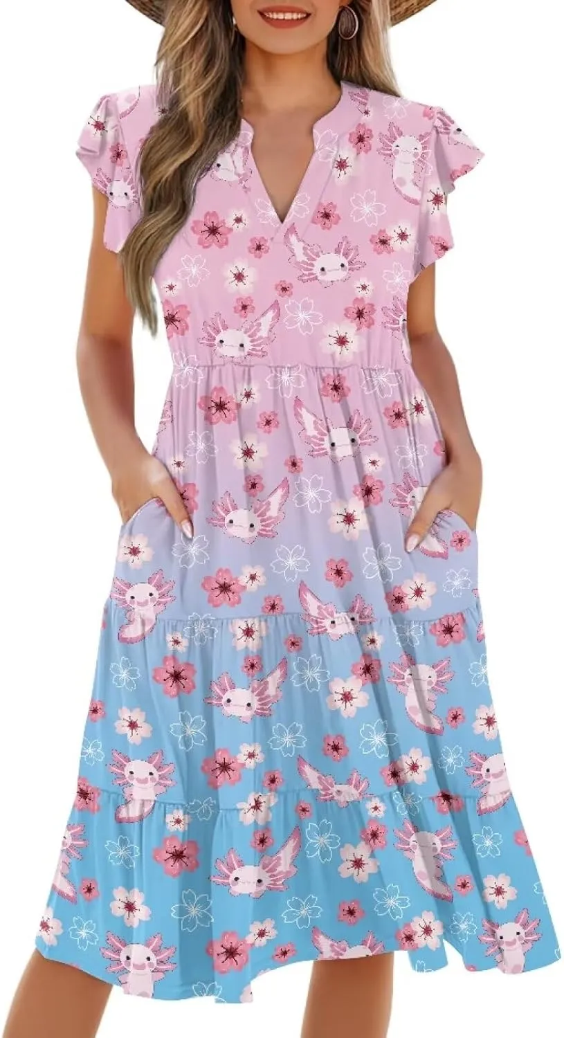 Jndtueit Cute Animal Women's Casual Dresses Tiered Dress Summer Dresses Ruffle Sleeve V Neck Flowy Sundress with Pockets