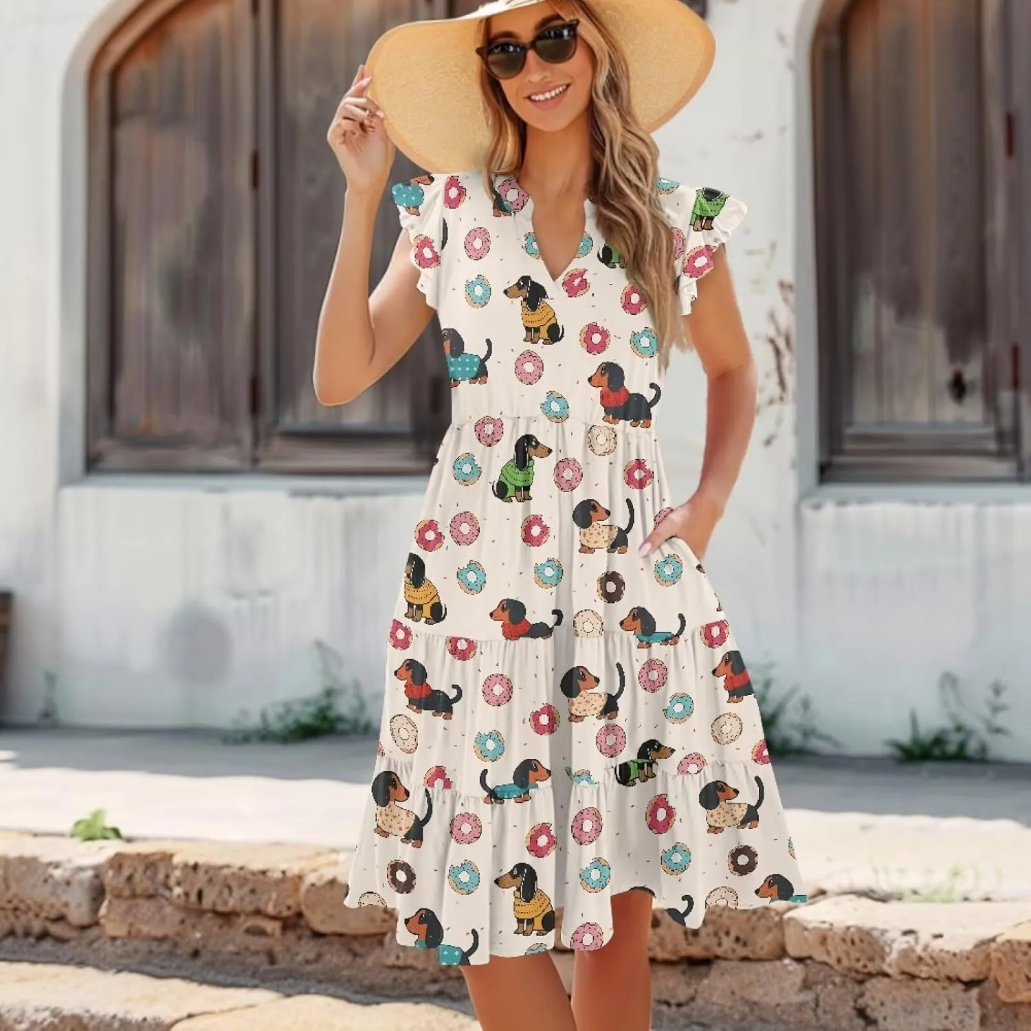 Jndtueit Cute Animal Women's Casual Dresses Tiered Dress Summer Dresses Ruffle Sleeve V Neck Flowy Sundress with Pockets