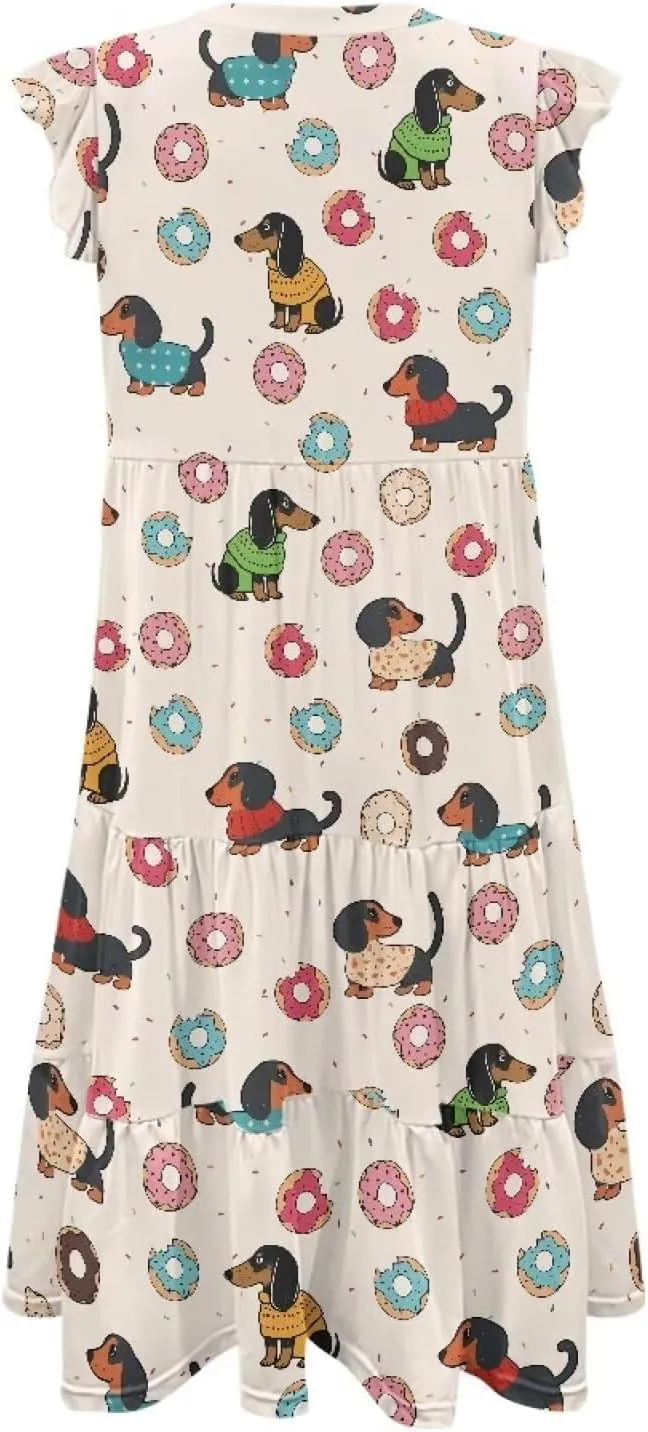 Jndtueit Cute Animal Women's Casual Dresses Tiered Dress Summer Dresses Ruffle Sleeve V Neck Flowy Sundress with Pockets