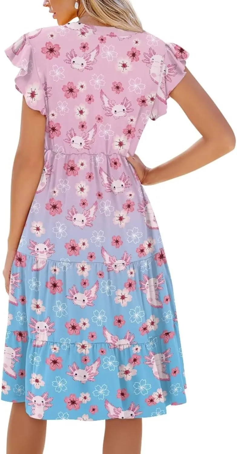 Jndtueit Cute Animal Women's Casual Dresses Tiered Dress Summer Dresses Ruffle Sleeve V Neck Flowy Sundress with Pockets