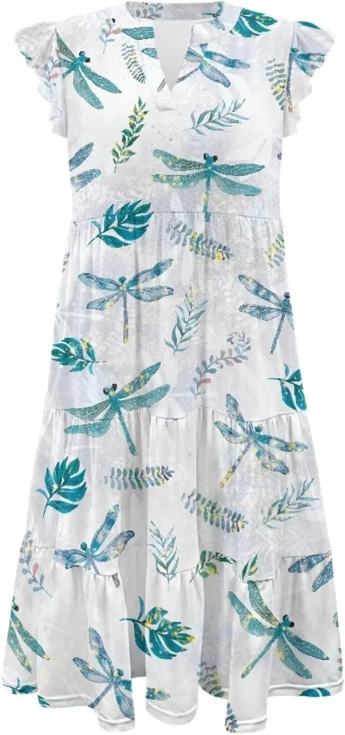 Jndtueit Cute Animal Women's Casual Dresses Tiered Dress Summer Dresses Ruffle Sleeve V Neck Flowy Sundress with Pockets