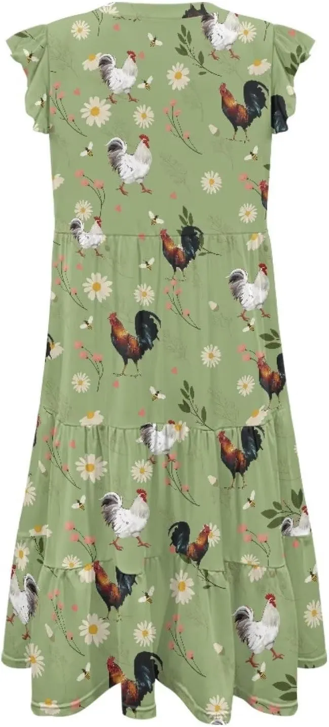 Jndtueit Cute Animal Women's Casual Dresses Tiered Dress Summer Dresses Ruffle Sleeve V Neck Flowy Sundress with Pockets