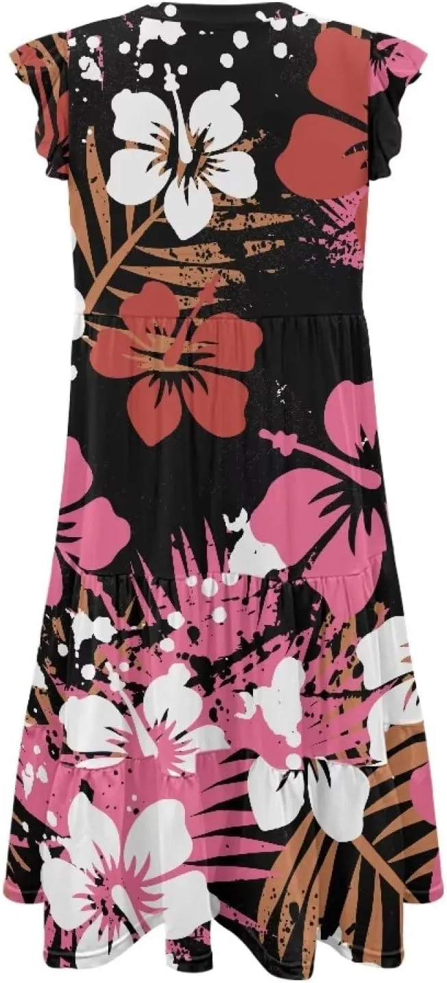 Jndtueit Floral Womens Plus Size Summer Dresses Ruffle Sleeve Tiered Swing Midi Dress V Neck Beach Flowy Dresses with Pockets