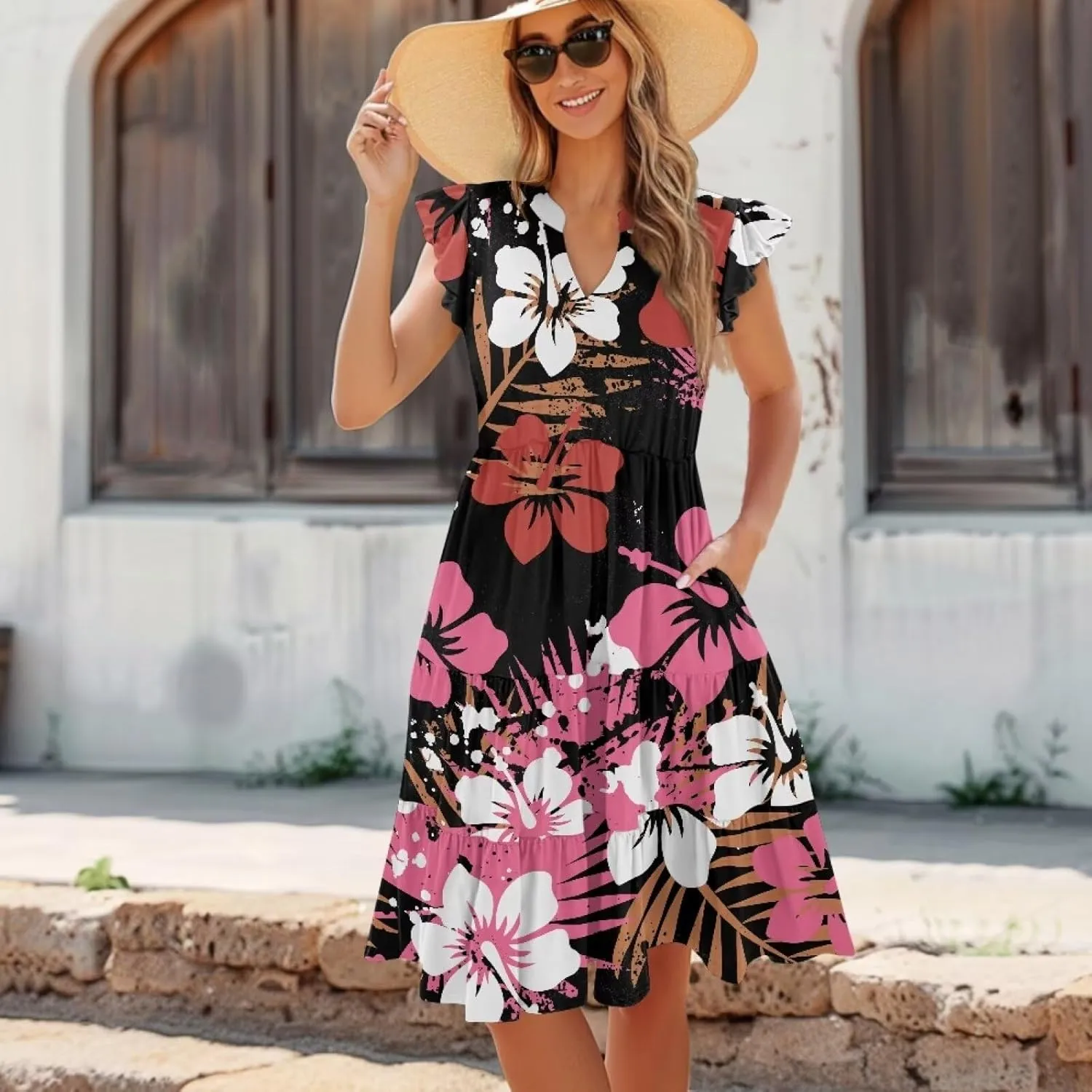 Jndtueit Floral Womens Plus Size Summer Dresses Ruffle Sleeve Tiered Swing Midi Dress V Neck Beach Flowy Dresses with Pockets