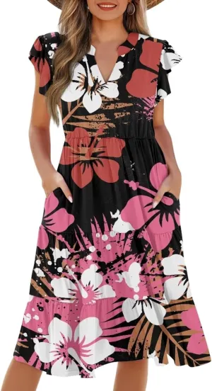 Jndtueit Floral Womens Plus Size Summer Dresses Ruffle Sleeve Tiered Swing Midi Dress V Neck Beach Flowy Dresses with Pockets