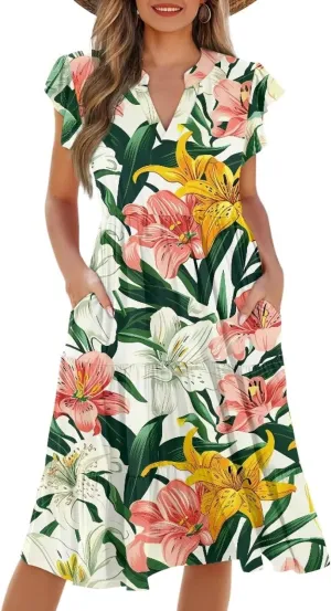 Jndtueit Floral Womens Plus Size Summer Dresses Ruffle Sleeve Tiered Swing Midi Dress V Neck Beach Flowy Dresses with Pockets