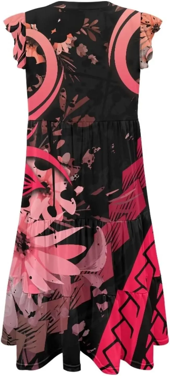 Jndtueit Floral Womens Plus Size Summer Dresses Ruffle Sleeve Tiered Swing Midi Dress V Neck Beach Flowy Dresses with Pockets