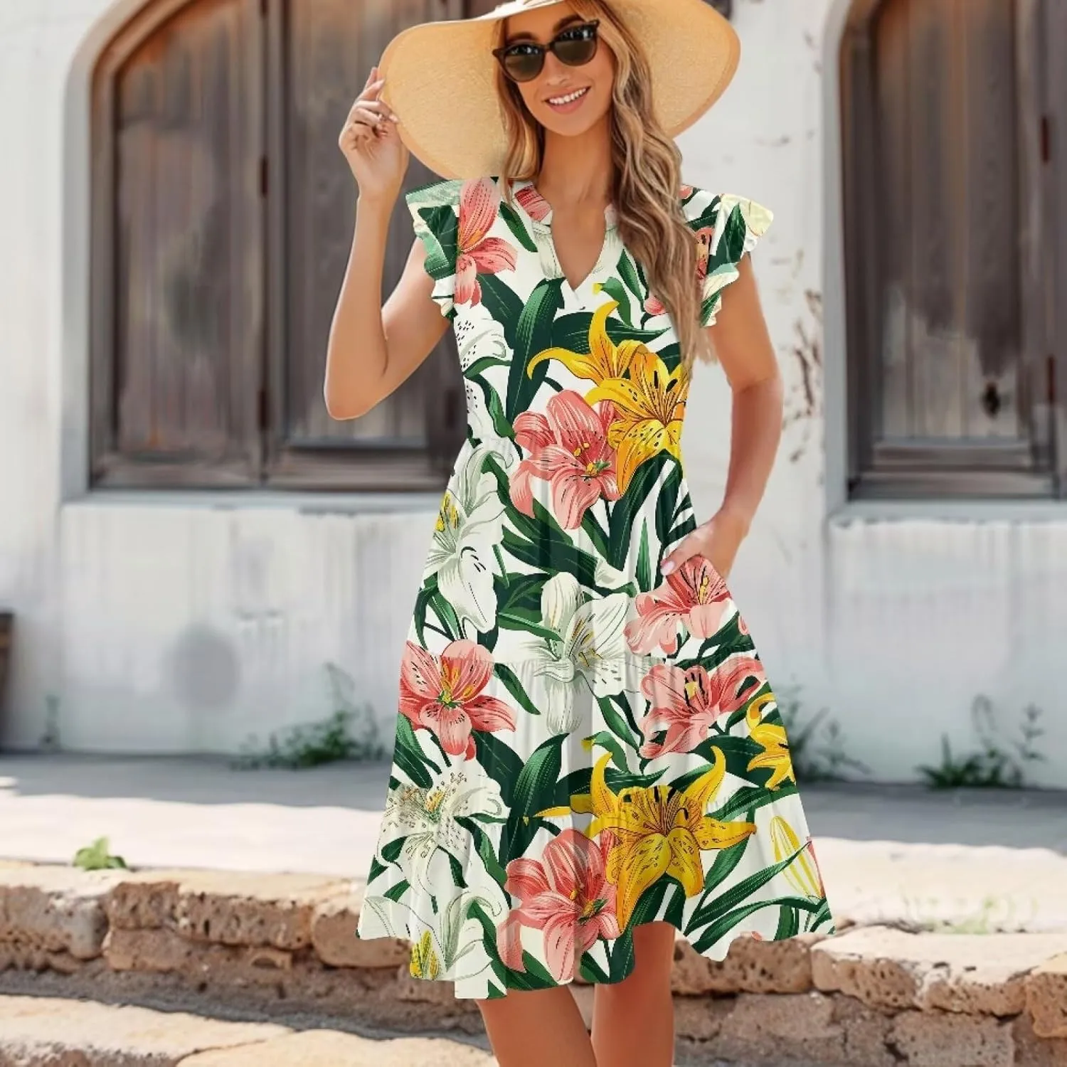 Jndtueit Floral Womens Plus Size Summer Dresses Ruffle Sleeve Tiered Swing Midi Dress V Neck Beach Flowy Dresses with Pockets