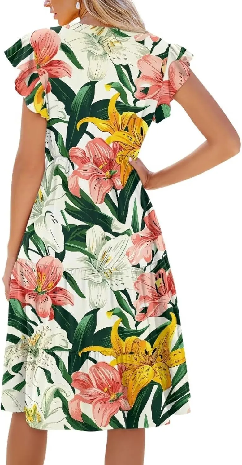 Jndtueit Floral Womens Plus Size Summer Dresses Ruffle Sleeve Tiered Swing Midi Dress V Neck Beach Flowy Dresses with Pockets