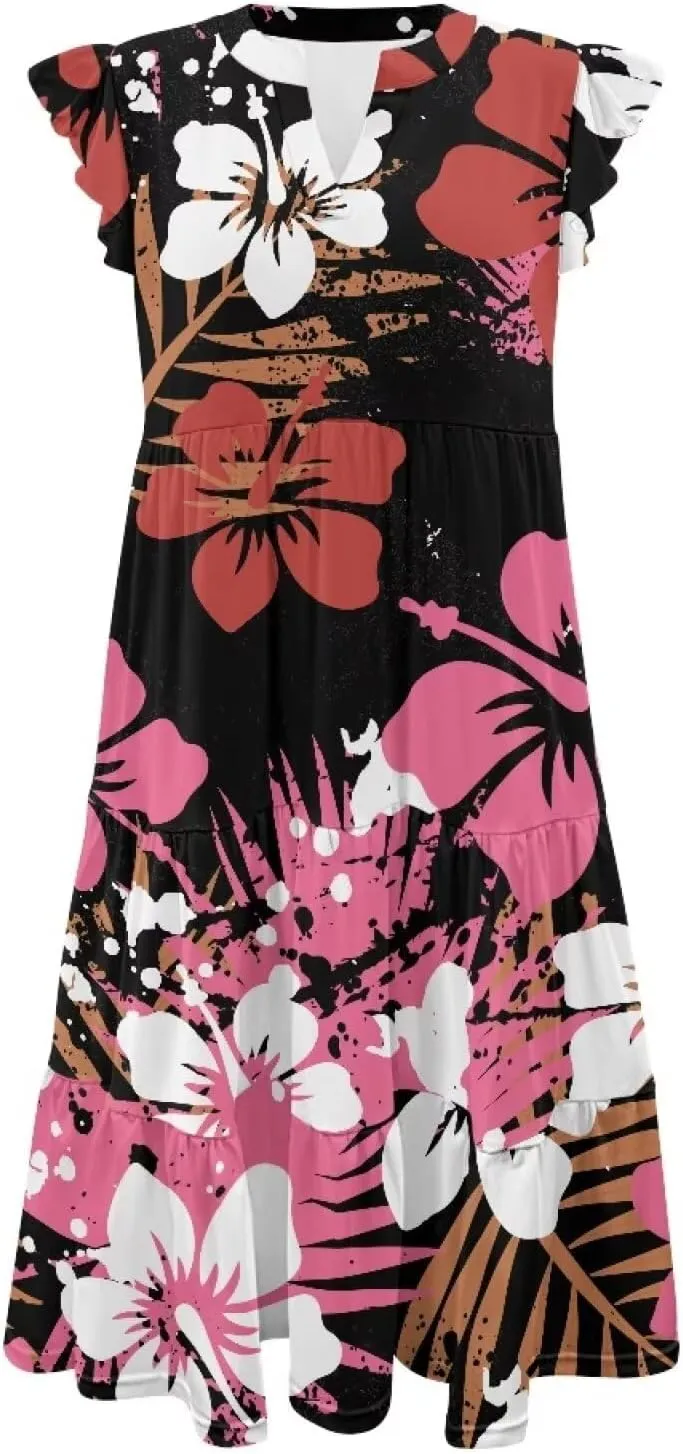 Jndtueit Floral Womens Plus Size Summer Dresses Ruffle Sleeve Tiered Swing Midi Dress V Neck Beach Flowy Dresses with Pockets